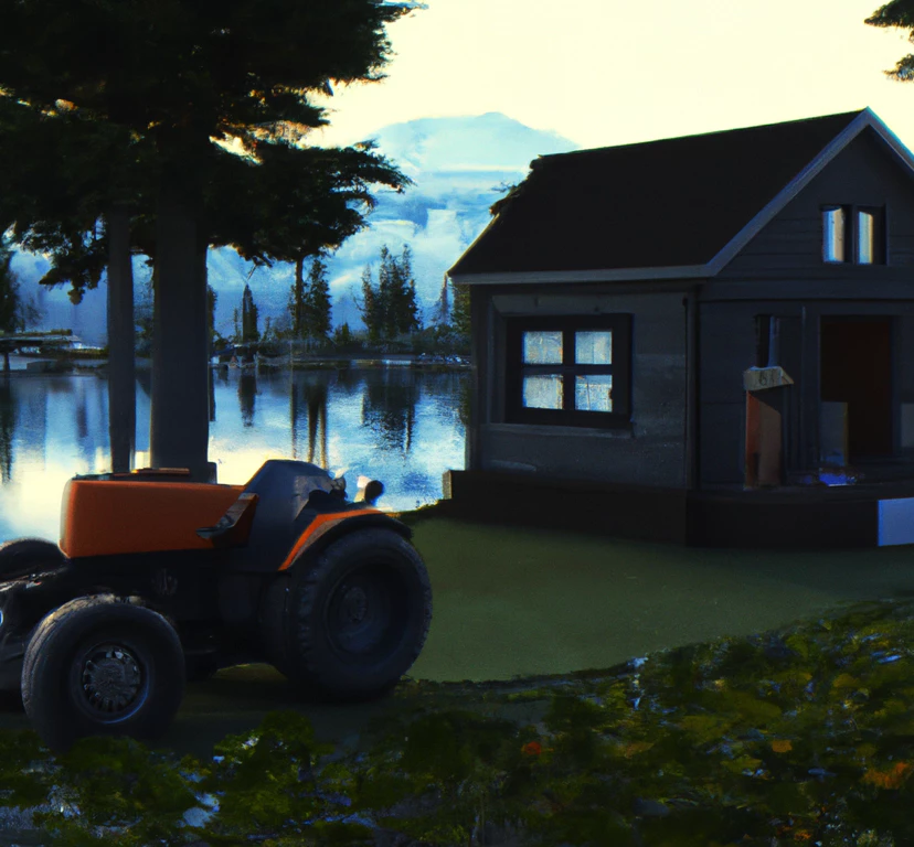 Tractor next to an off grid cabin by a lake.