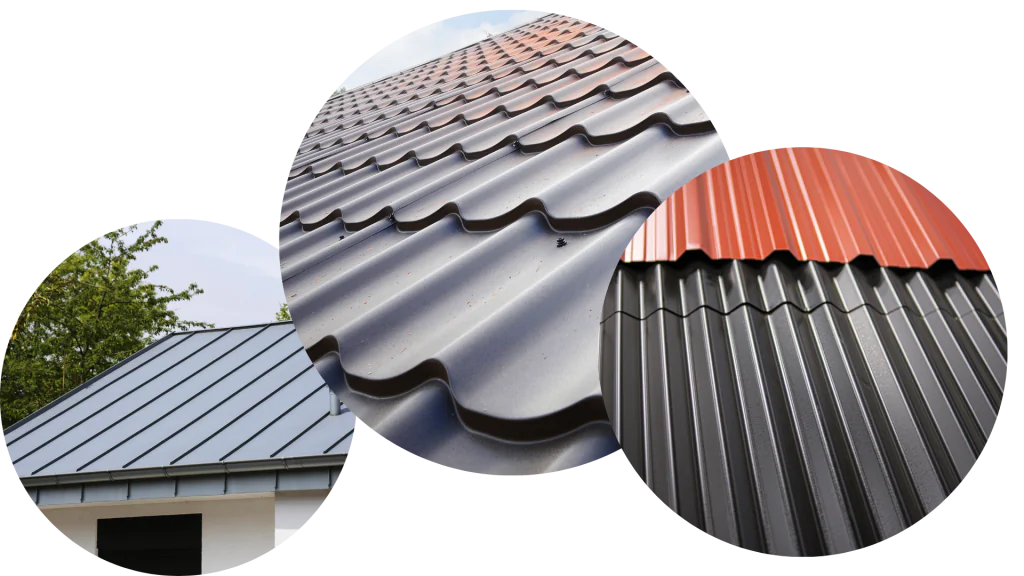 Three different images displaying an image of a standing seam roof, metal tile roof and a corrugated metal roof.